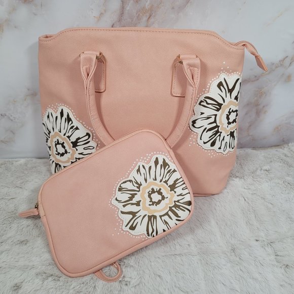 Pink Floral Handbag Tote & Wristlet Wallet Bundle Spring Summer Garden - Picture 1 of 12